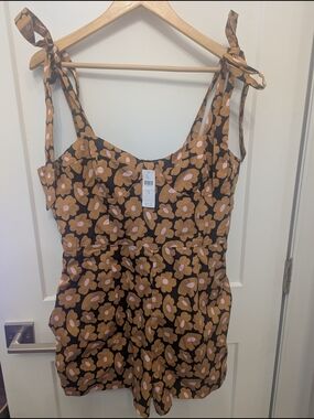 NWT Anthropologie Orange And Black Floral Tie-Shoulder Romper Jumper Size 14